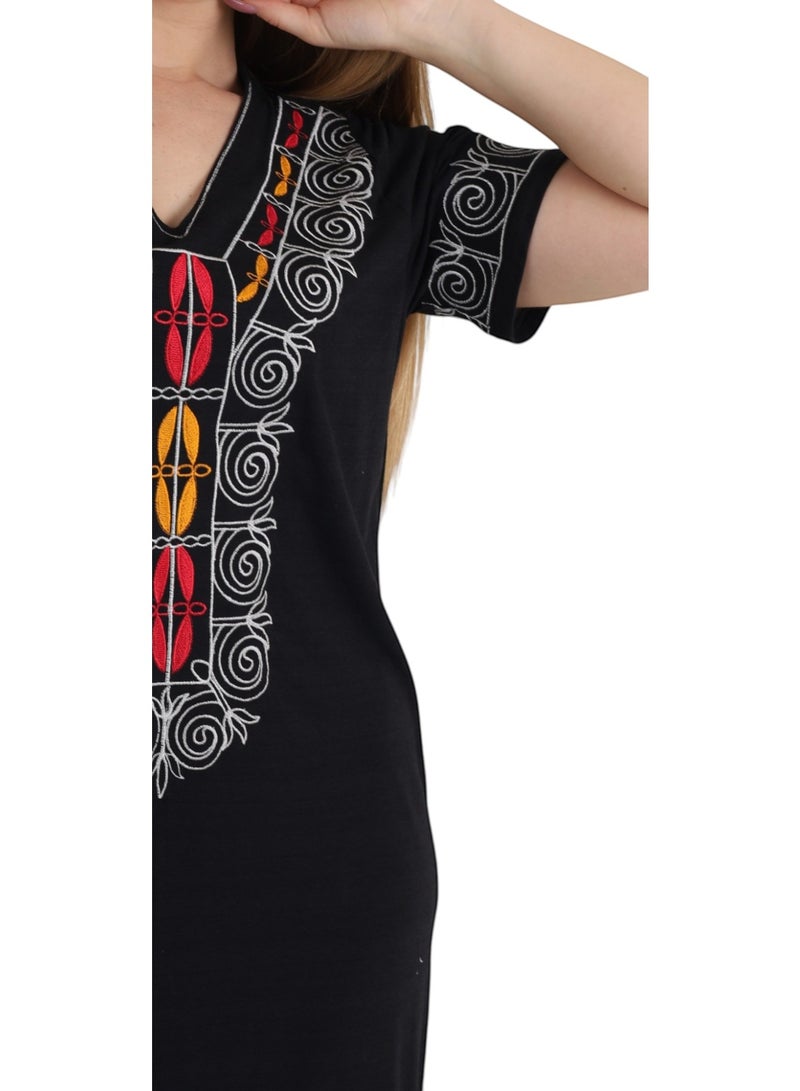 Zecotex Women's Cotton Embroidered Galabeya, Long Maxi House Dress, Soft Short Sleeve Kaftan, Summer Homewear, Black - Image 4
