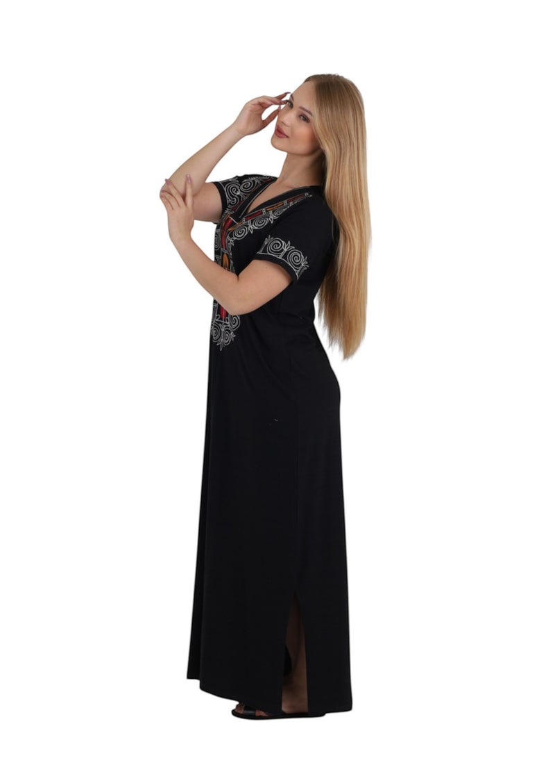 Zecotex Women's Cotton Embroidered Galabeya, Long Maxi House Dress, Soft Short Sleeve Kaftan, Summer Homewear, Black - Image 2