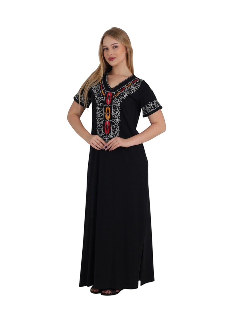 Zecotex Women's Cotton Embroidered Galabeya, Long Maxi House Dress, Soft Short Sleeve Kaftan, Summer Homewear, Black - Image 1