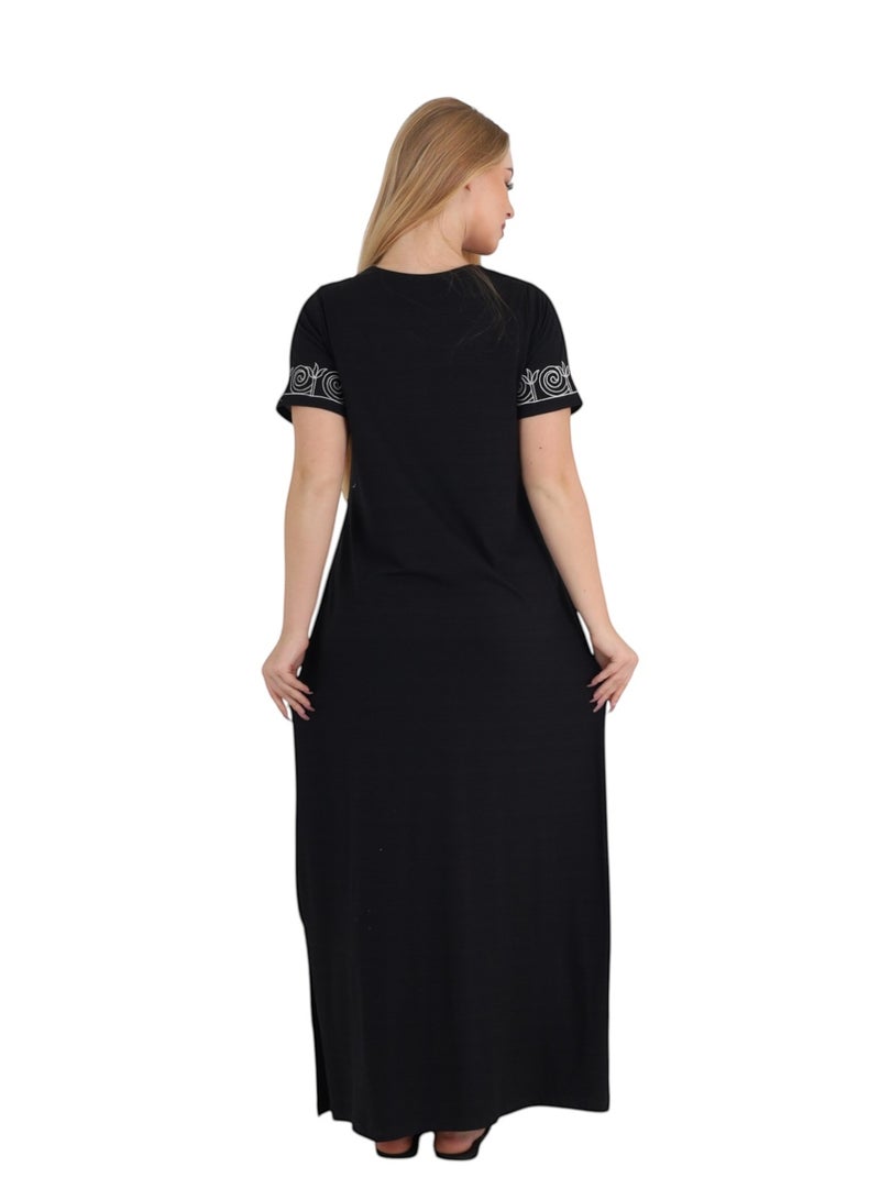 Zecotex Women's Cotton Embroidered Galabeya, Long Maxi House Dress, Soft Short Sleeve Kaftan, Summer Homewear, Black - Image 3
