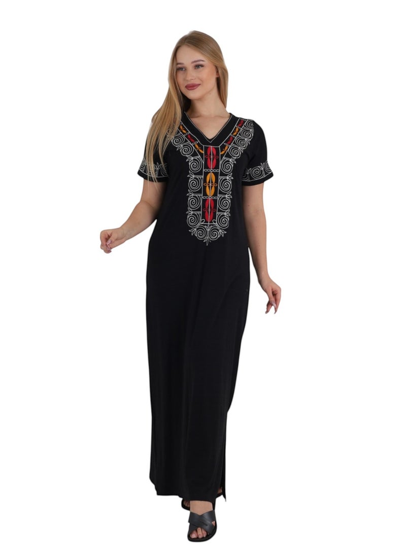 Zecotex Women's Cotton Embroidered Galabeya, Long Maxi House Dress, Soft Short Sleeve Kaftan, Summer Homewear, Black - Image 5