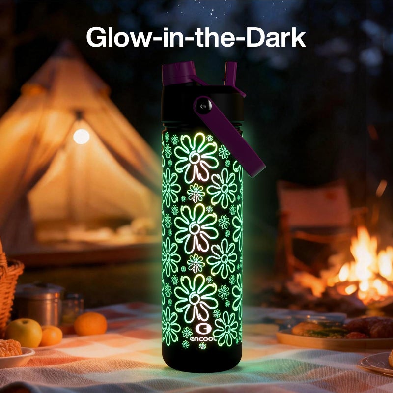 ENCOOL Insulated Water Bottle with Straw Stainless Steel Water Bottle, Glow in the Dark, Leak-Proof, BPA-Free, Keeps Cold for 24 Hours for Sports, Travel, School (26 oz, Flower) - Image 4