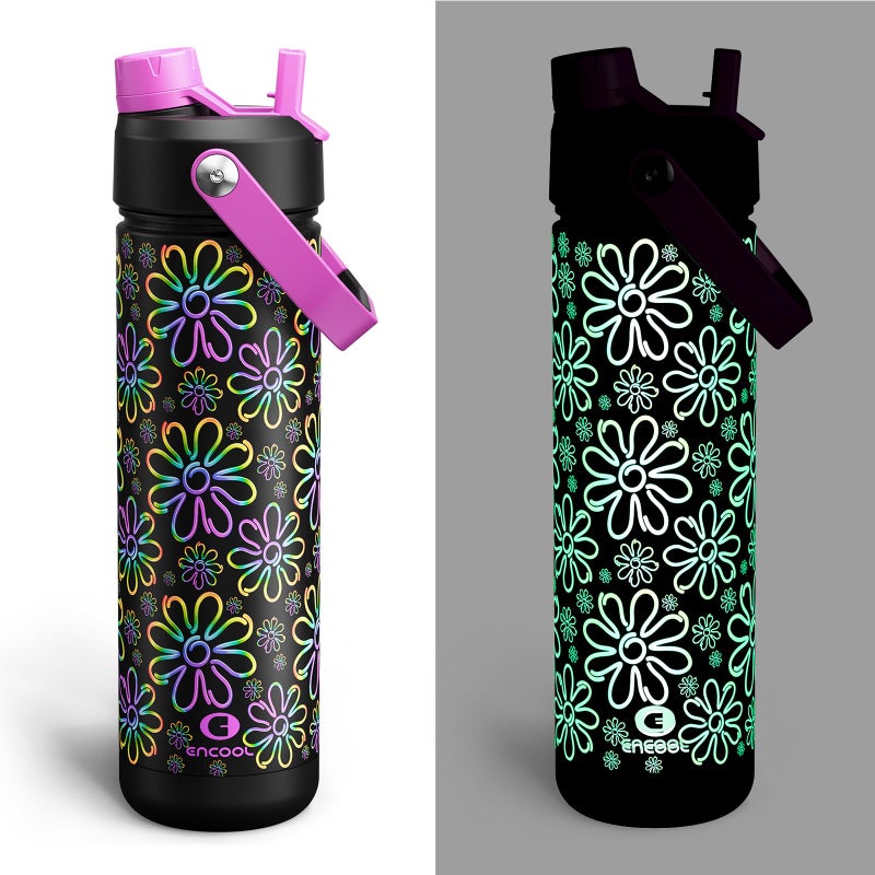 ENCOOL Insulated Water Bottle with Straw Stainless Steel Water Bottle, Glow in the Dark, Leak-Proof, BPA-Free, Keeps Cold for 24 Hours for Sports, Travel, School (26 oz, Flower) - Image 1
