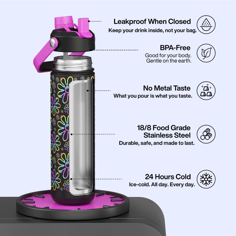 ENCOOL Insulated Water Bottle with Straw Stainless Steel Water Bottle, Glow in the Dark, Leak-Proof, BPA-Free, Keeps Cold for 24 Hours for Sports, Travel, School (26 oz, Flower) - Image 5