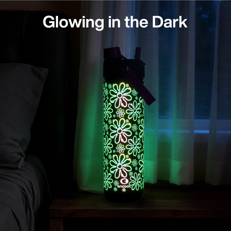 ENCOOL Insulated Water Bottle with Straw Stainless Steel Water Bottle, Glow in the Dark, Leak-Proof, BPA-Free, Keeps Cold for 24 Hours for Sports, Travel, School (26 oz, Flower) - Image 2