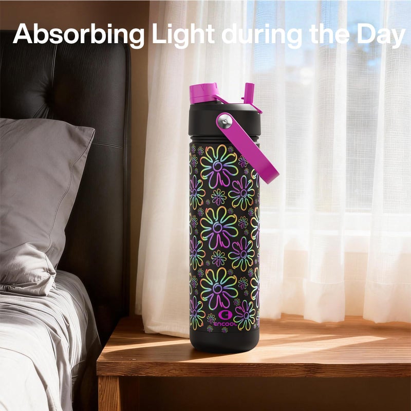ENCOOL Insulated Water Bottle with Straw Stainless Steel Water Bottle, Glow in the Dark, Leak-Proof, BPA-Free, Keeps Cold for 24 Hours for Sports, Travel, School (26 oz, Flower) - Image 3