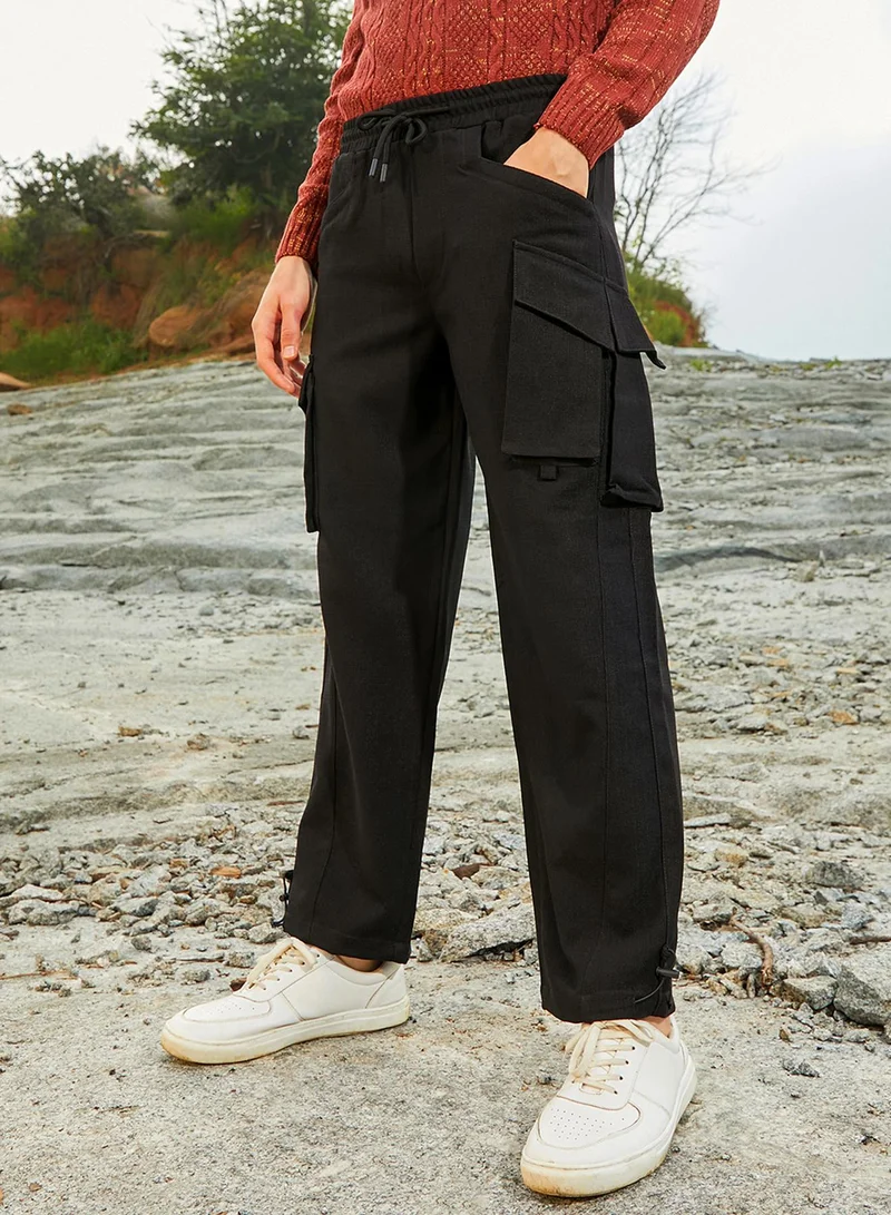 Campus Sutra Men's Onyx Black Straight-Fit Utility Trousers