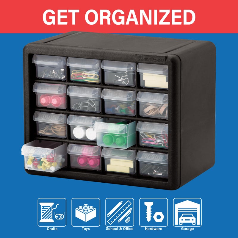 Akro-Mils 16-Drawer Plastic Drawer Storage Cabinet for Garage Organization, Beads, Makeup Organizer, Building Bricks Storage, Teacher Toolbox, 10-1/2" W x 6-1/2" D x 8-1/2" H, 10116 Black - Image 3