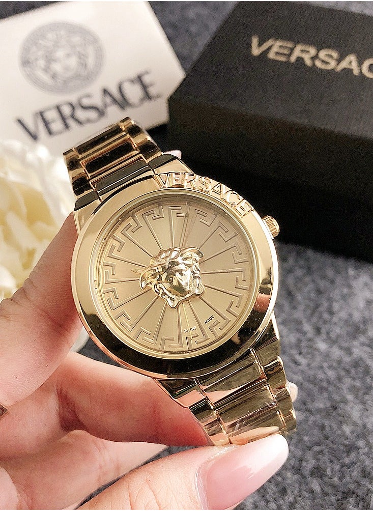 VERSACE - Versace Women's Cubic Zirconia Classic Fashion Round Quartz Watch with Gold Stainless Steel Strap and Gold dial 38mm Gift - Image 1