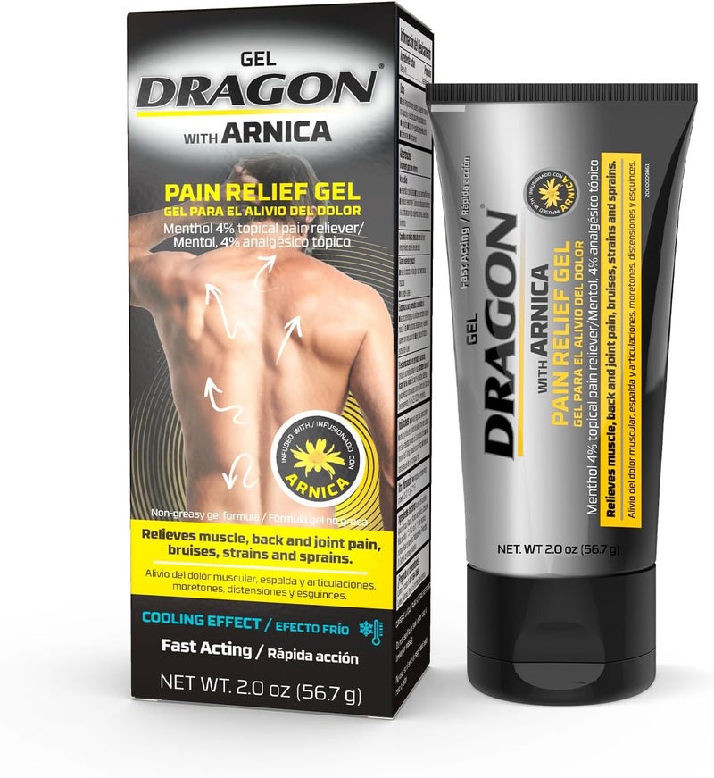 Dragon جل تخفيف الألم من دراجون مع الأرنكا، كريم كدمات بقوة إضافية، مريح للعضلات، تخفيف ألم الركبة، كريم الأرنكا للكدمات، تخفيف ألم الكتف والقدم، التواء الورك والكاحل، تخفيف القدمين المتورمتين، 2 أونصة