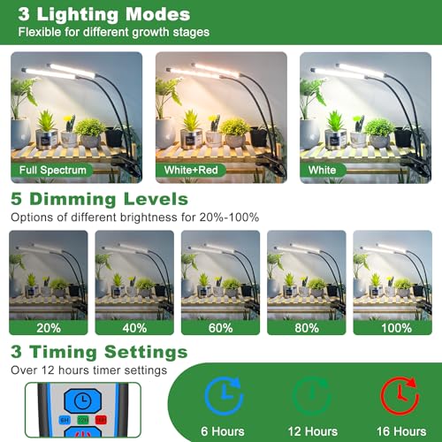 wolezek Grow Lights for Indoor Plants, 6000K 40 LEDs Full Spectrum Plant Grow Lights Indoor, White Grow Lamp with Clip, Auto ON & Off Timer 6/12/16H, 3 Modes, 5-Level Dimmable Brightness - Image 3