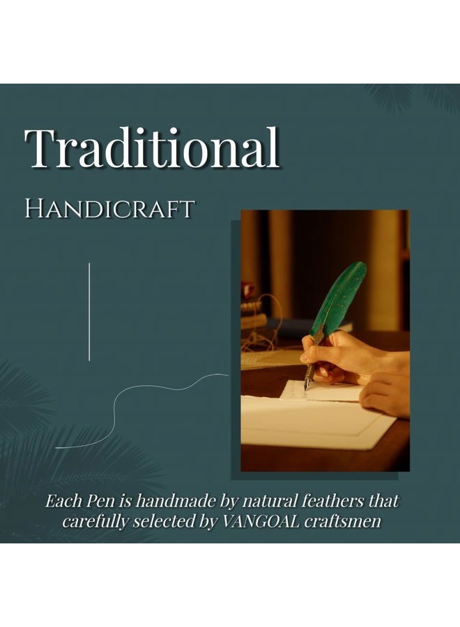 VANGOAL (Green) - Vintage Carving Feather Pen Set, Glittering Quill Pen Set Antique Calligraphy Writing Dip Pen with Ink, 2 Replacement Nibs, Pen Stand Base, Luxury Vintage Signature Pen (Green) - Image 2