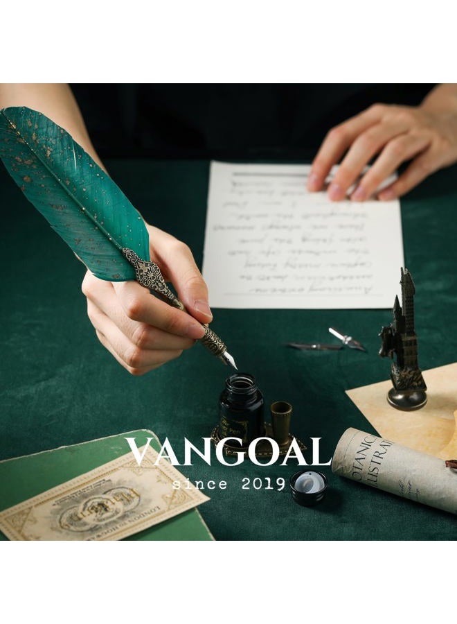 VANGOAL (Green) - Vintage Carving Feather Pen Set, Glittering Quill Pen Set Antique Calligraphy Writing Dip Pen with Ink, 2 Replacement Nibs, Pen Stand Base, Luxury Vintage Signature Pen (Green) - Image 5