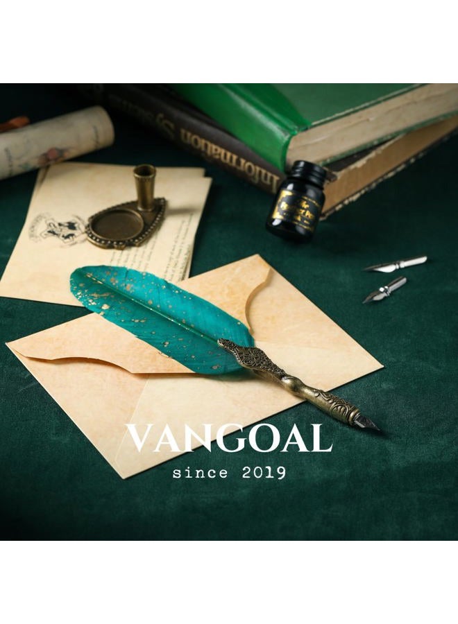 VANGOAL (Green) - Vintage Carving Feather Pen Set, Glittering Quill Pen Set Antique Calligraphy Writing Dip Pen with Ink, 2 Replacement Nibs, Pen Stand Base, Luxury Vintage Signature Pen (Green) - Image 4