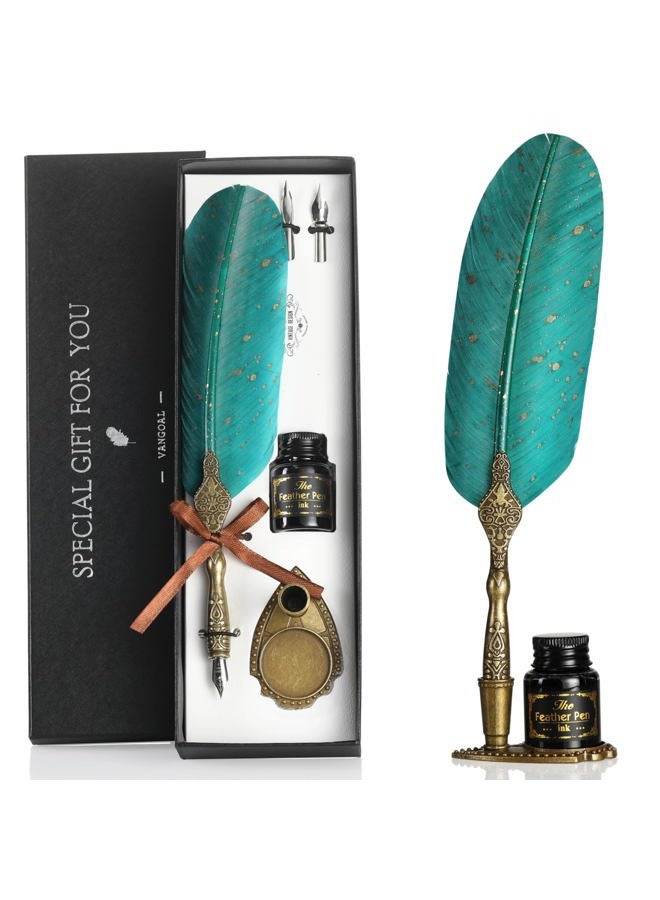 VANGOAL (Green) - Vintage Carving Feather Pen Set, Glittering Quill Pen Set Antique Calligraphy Writing Dip Pen with Ink, 2 Replacement Nibs, Pen Stand Base, Luxury Vintage Signature Pen (Green) - Image 1