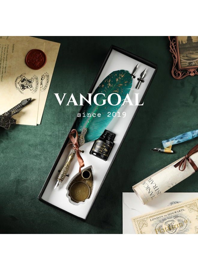 VANGOAL (Green) - Vintage Carving Feather Pen Set, Glittering Quill Pen Set Antique Calligraphy Writing Dip Pen with Ink, 2 Replacement Nibs, Pen Stand Base, Luxury Vintage Signature Pen (Green) - Image 3
