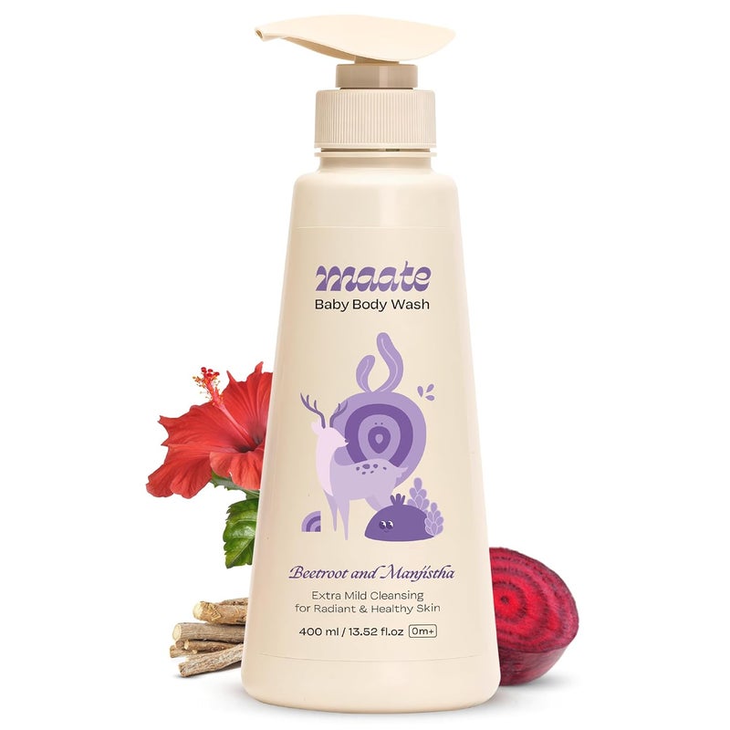 Maate Baby Body Wash (400 ml) | With Ayurvedic Herbs Beetroot, Manjistha & Neem extracts | Body Wash for Dry & Sensitive Skin | Natural & Vegan | Tear-free & pH Balanced | Soap Free | Body Wash - Image 1