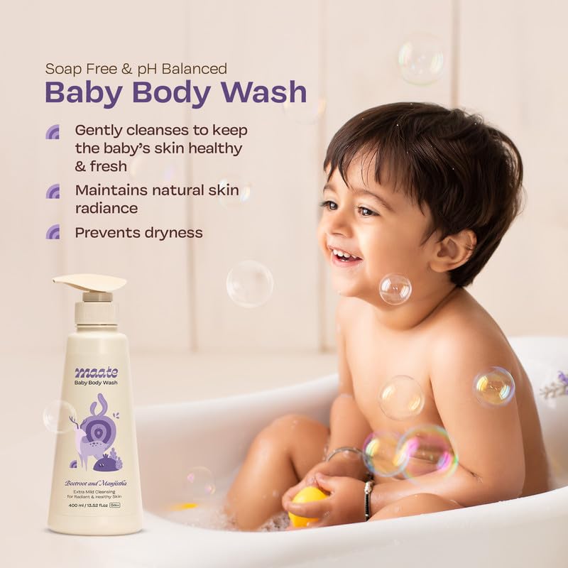 Maate Baby Body Wash (400 ml) | With Ayurvedic Herbs Beetroot, Manjistha & Neem extracts | Body Wash for Dry & Sensitive Skin | Natural & Vegan | Tear-free & pH Balanced | Soap Free | Body Wash - Image 2