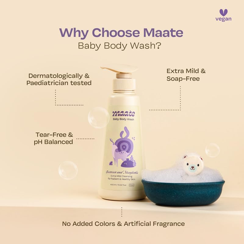 Maate Baby Body Wash (400 ml) | With Ayurvedic Herbs Beetroot, Manjistha & Neem extracts | Body Wash for Dry & Sensitive Skin | Natural & Vegan | Tear-free & pH Balanced | Soap Free | Body Wash - Image 4
