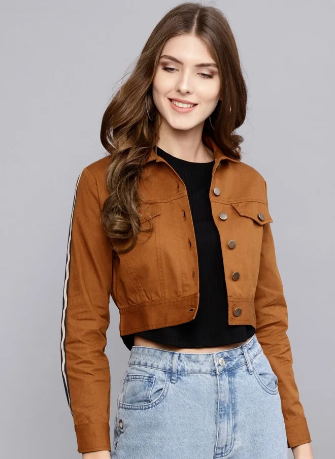 STREET 9 Mustard Brown Solid Crop Jacket for Women