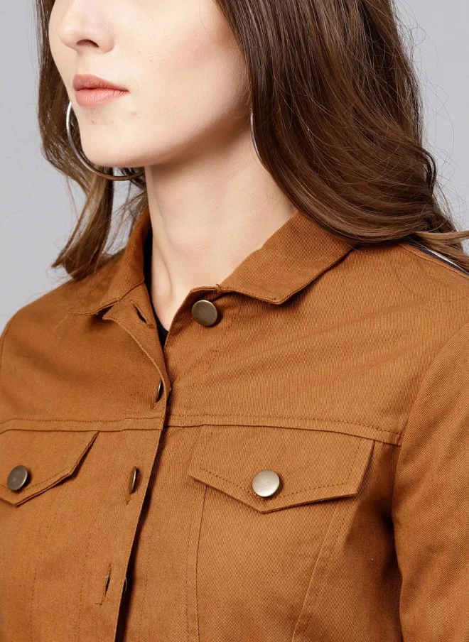 STREET 9 Mustard Brown Solid Crop Jacket for Women