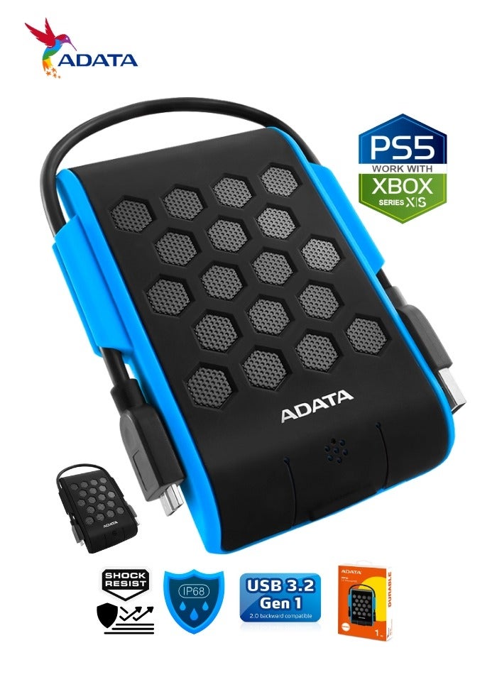 ADATA HD720 Pro DURABLE 1TB External HDD | Fast Data IP68 Anti-Shock Hard Drive | Compatible with PS5 XBOX | Shockproof Waterproof| Blue