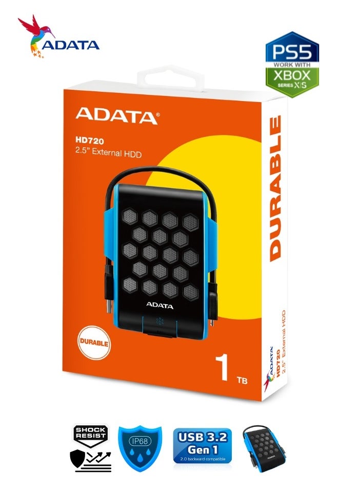 أداتا - محرك الأقراص الصلبة الخارجي ADATA HD720 المتين بسعة 1 تيرابايت ومضاد للصدمات | IP68 مقاوم للماء والغبار | أزرق - Image 1
