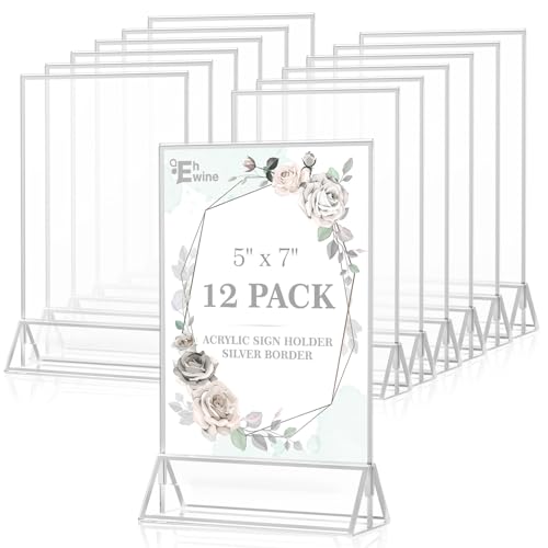 EHWINE 12 Pack Acrylic Sign Holder 5 x 7, Double Sided Silver Picture Frame Stand up Table Top Sign Holders, Clear Display Stand Menu Flyer Holder for Wedding Party (Provide Non-slip Mats) - Image 1