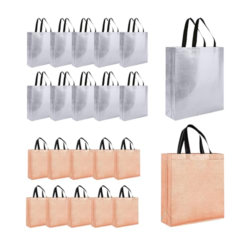 Evafly Gift Bag Medium Size Pack of 20 : L13 x W12 x D4 inch|Resuable Non-Woven Shiny Metallic Laminated|Return Gift For Haldi/Wedding Favours/Baby Shower/Birthday - Silver + Rosegold - Image 1