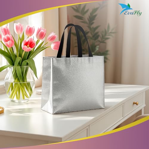 Evafly Gift Bag Medium Size Pack of 20 : L13 x W12 x D4 inch|Resuable Non-Woven Shiny Metallic Laminated|Return Gift For Haldi/Wedding Favours/Baby Shower/Birthday - Silver + Rosegold - Image 3