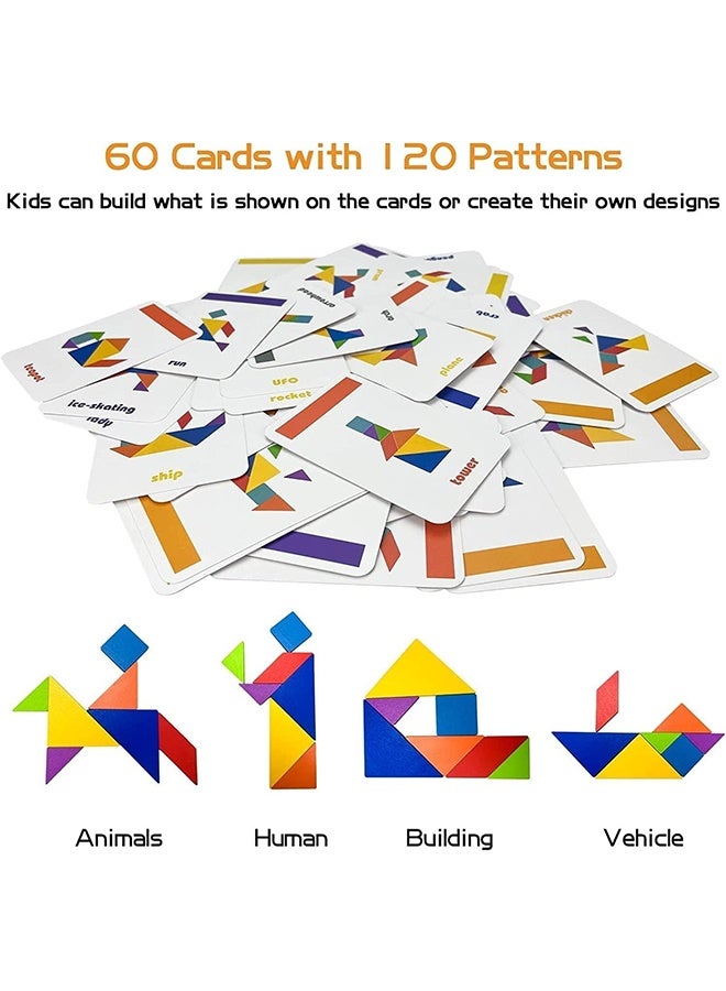 JCB CHIC Early Development Tangram Pattern Puzzles Set，Wooden Puzzle Blocks Colorful Tangram Sorting，Stacking Games Montessori Educational Toys，60 Design Cards with 120 Pattern Jigsaw Puzzle - Image 3