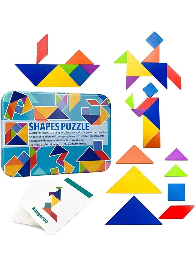 JCB CHIC Early Development Tangram Pattern Puzzles Set，Wooden Puzzle Blocks Colorful Tangram Sorting，Stacking Games Montessori Educational Toys，60 Design Cards with 120 Pattern Jigsaw Puzzle - Image 1