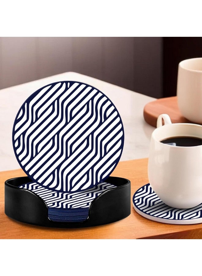 Homestic Homestic 6 Pcs Anti-Skid Tea Coaster with Holder - Silicone Round Tea Cup & Water Glass Cover Top Lid for Teapoy - Navy Blue&White  - Image 1