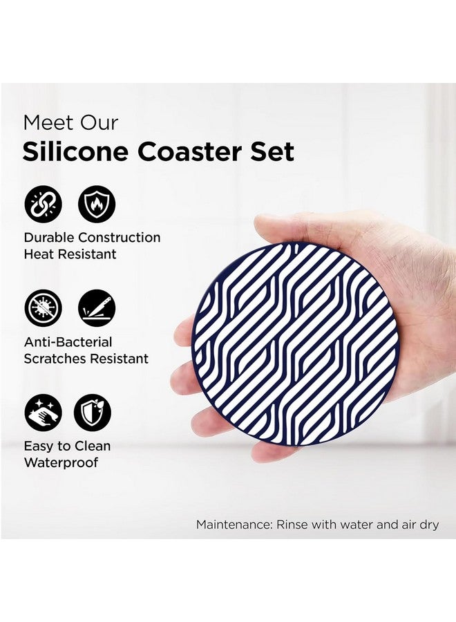 Homestic Homestic 6 Pcs Anti-Skid Tea Coaster with Holder - Silicone Round Tea Cup & Water Glass Cover Top Lid for Teapoy - Navy Blue&White  - Image 4