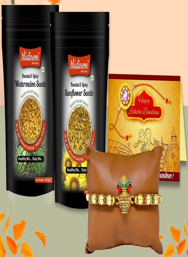 Midiron Rakhi for Brother, Rakhi with healthy snacks, Rakhi healthy combo Pack, Beautiful Rakhi with spicy Sunflower and Watermelon Seed (100 gm each) - Image 1
