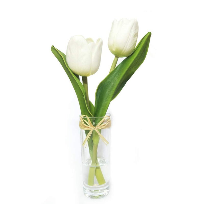 EBUYOM Mini Artificial Flowers Tulips Bouquet in Glass Vase, Home Decor Ornament Wedding Decoration (White) - Image 1