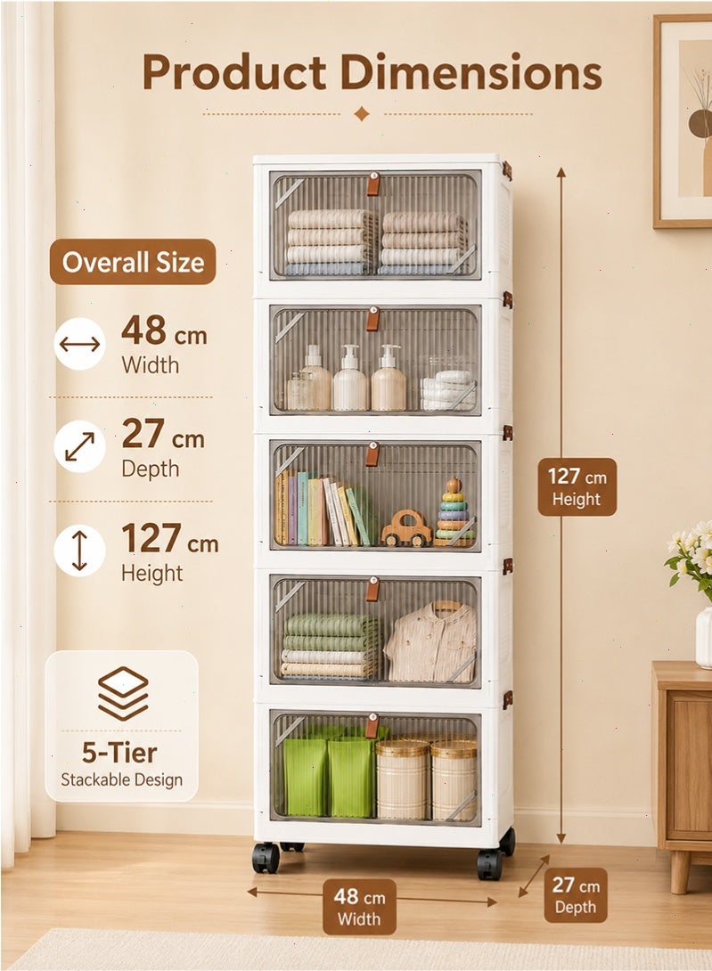 Topyich 5-Tier Collapsible Storage Organizer with Wheels, Foldable Plastic Storage Cabinet with Lids & Front Opening Door, Stackable Storage Boxes for Home Office Dorm - Image 2