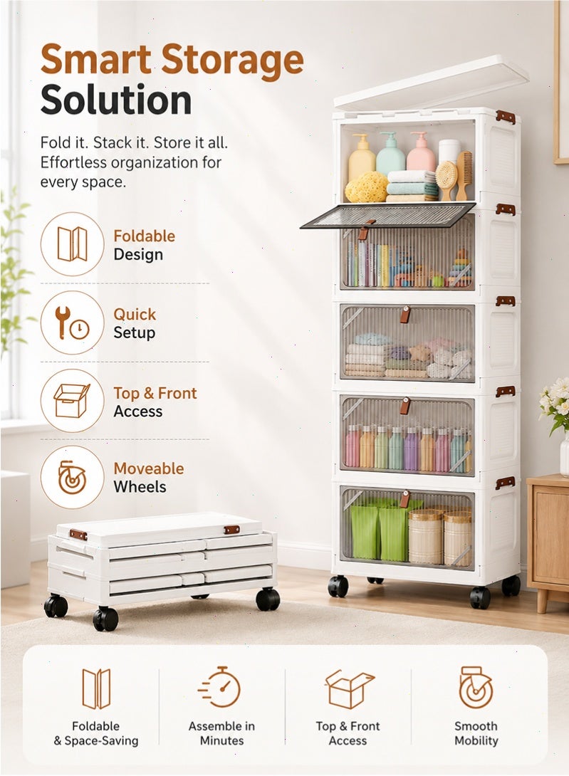 Topyich 5-Tier Collapsible Storage Organizer with Wheels, Foldable Plastic Storage Cabinet with Lids & Front Opening Door, Stackable Storage Boxes for Home Office Dorm - Image 3
