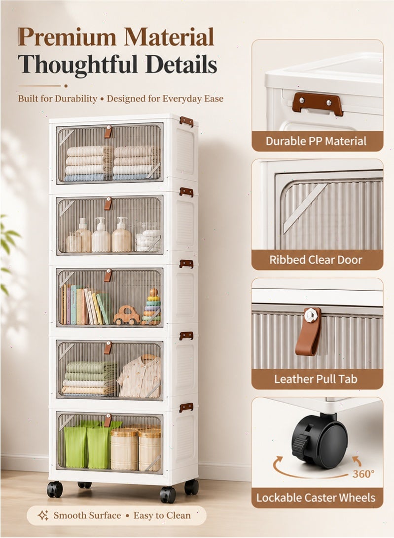 Topyich 5-Tier Collapsible Storage Organizer with Wheels, Foldable Plastic Storage Cabinet with Lids & Front Opening Door, Stackable Storage Boxes for Home Office Dorm - Image 4
