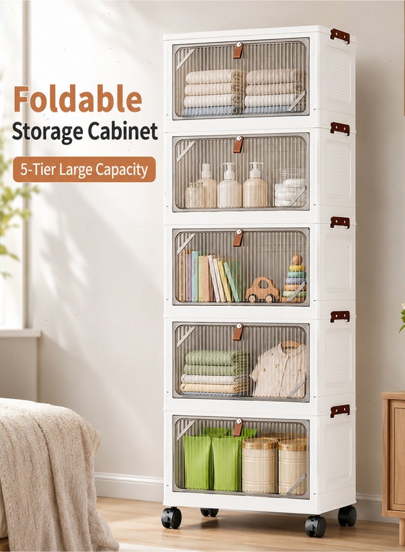 Topyich 5-Tier Collapsible Storage Organizer with Wheels, Foldable Plastic Storage Cabinet with Lids & Front Opening Door, Stackable Storage Boxes for Home Office Dorm - Image 1