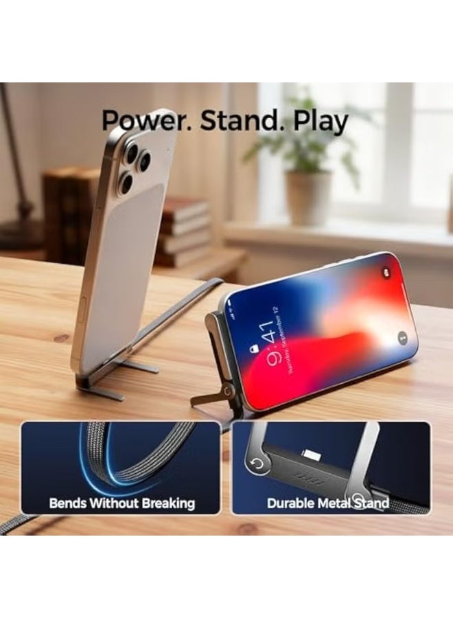 باسيمو شاحن هاتف جانبي ثنائي، كابل شاحن بحامل غير مرئي 2 في 1، سلك شحن سريع 240 واط مع حامل هاتف مدمج للهواتف الذكية والأجهزة اللوحية (C-C). - Image 5
