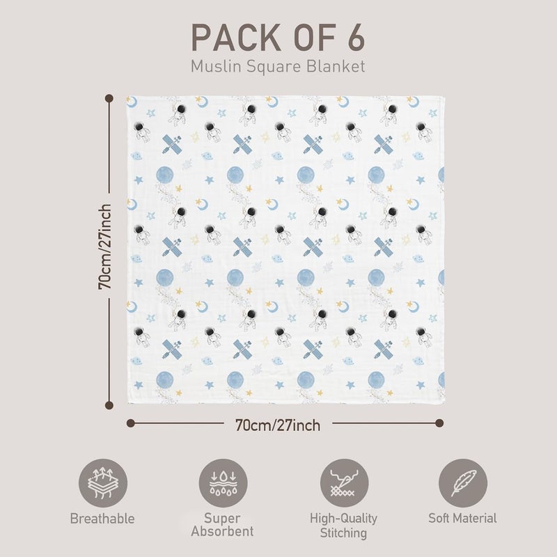 6-Pack Cotton Muslin Swaddle Blankets - Blue Astronaut Design - Image 4