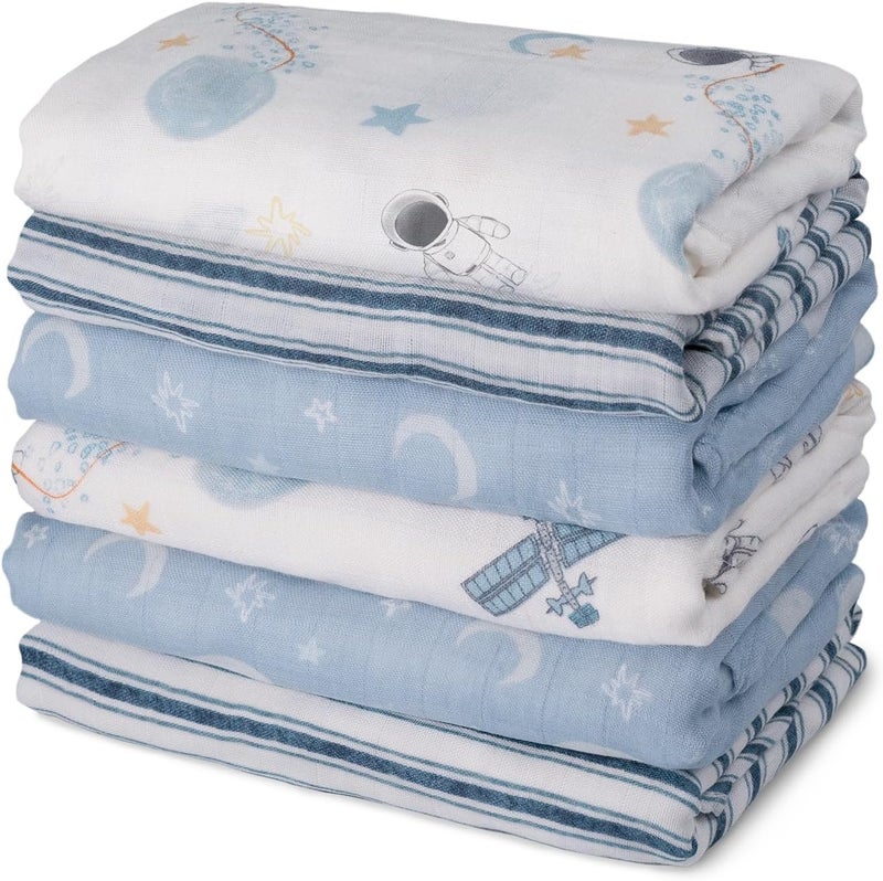 6-Pack Cotton Muslin Swaddle Blankets - Blue Astronaut Design - Image 1