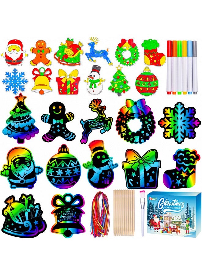 Garma 36Pcs Christmas Crafts Scratch Art For Kids, Rainbow Scratch Paper Christmas Ornaments Crafts Christmas Party Favors Toys Xmas Tree Ornaments Hanging Craft Art Kits - Image 1