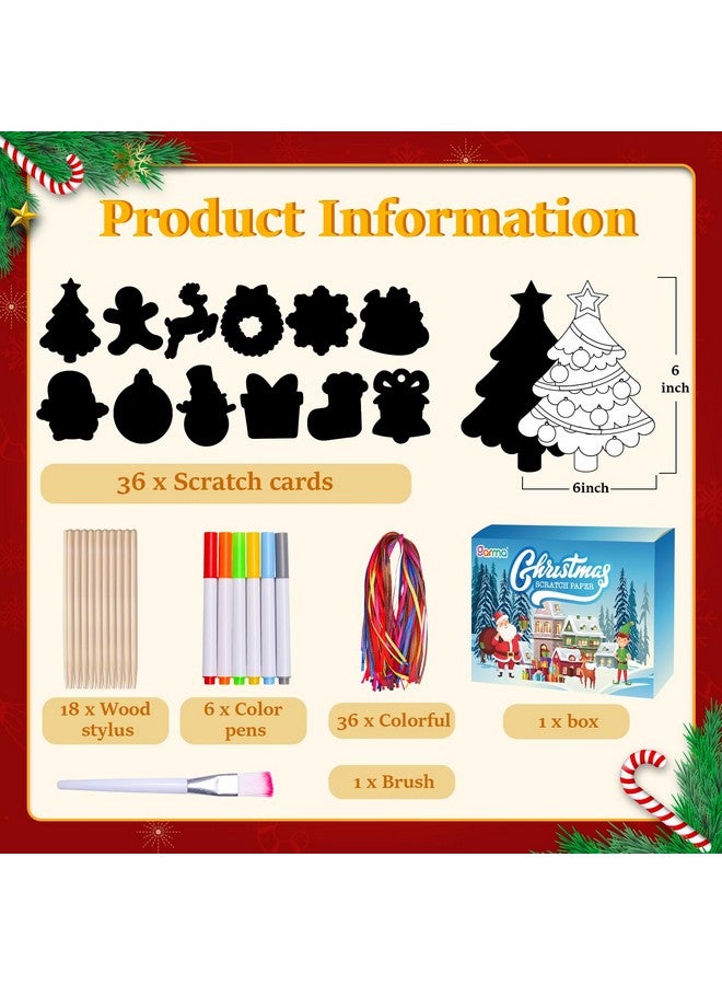 Garma 36Pcs Christmas Crafts Scratch Art For Kids, Rainbow Scratch Paper Christmas Ornaments Crafts Christmas Party Favors Toys Xmas Tree Ornaments Hanging Craft Art Kits - Image 2