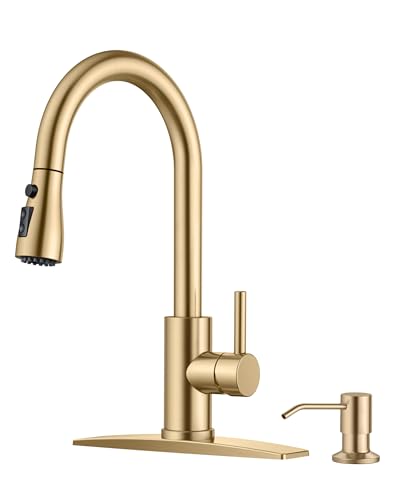 FORIOUS Gold Kitchen Faucet with Soap Dispenser and Pull Down Sprayer, Bar High Arc Single Handle Classic 3 Modes Stainless Steel Faucet for Kitchen Sink Farmhouse RV Laundry Camper - Image 1