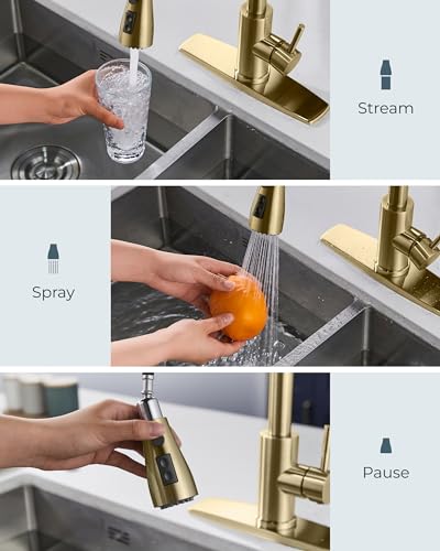 FORIOUS Gold Kitchen Faucet with Soap Dispenser and Pull Down Sprayer, Bar High Arc Single Handle Classic 3 Modes Stainless Steel Faucet for Kitchen Sink Farmhouse RV Laundry Camper - Image 3