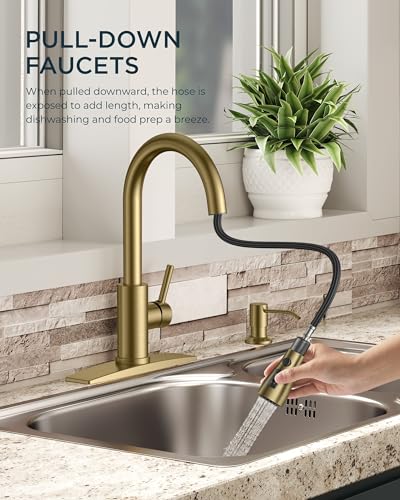 FORIOUS Gold Kitchen Faucet with Soap Dispenser and Pull Down Sprayer, Bar High Arc Single Handle Classic 3 Modes Stainless Steel Faucet for Kitchen Sink Farmhouse RV Laundry Camper - Image 2