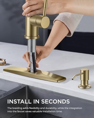 FORIOUS Gold Kitchen Faucet with Soap Dispenser and Pull Down Sprayer, Bar High Arc Single Handle Classic 3 Modes Stainless Steel Faucet for Kitchen Sink Farmhouse RV Laundry Camper - Image 5