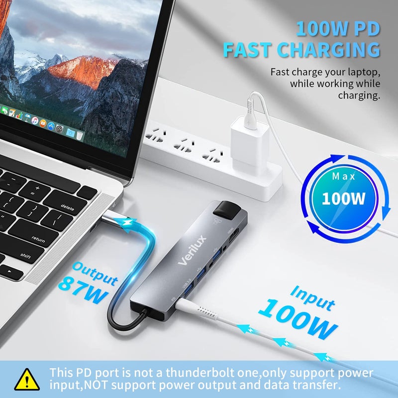 Verilux ® 6 in 1 USB C Hub with Ethernet Multi USB Port for Laptop with USB Hub 3.0 and 2.0 PD 87W Charging Port USB Type C Hub with 4K HDMI Converter for MacBook Air Pro, for iPhone 15 16 Pro Max Plus - Image 5